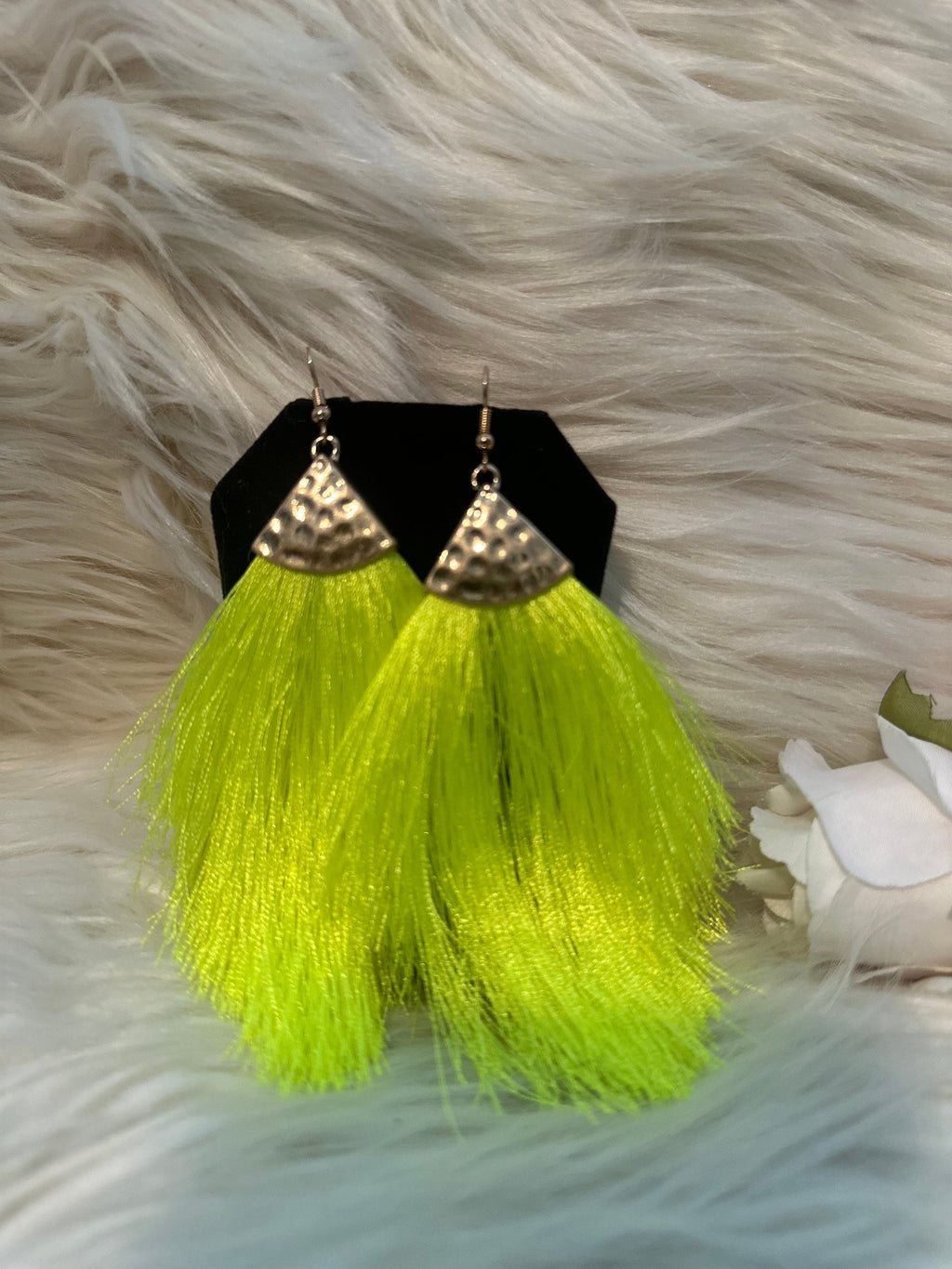 Lime Green Tassel Drop Earrings
