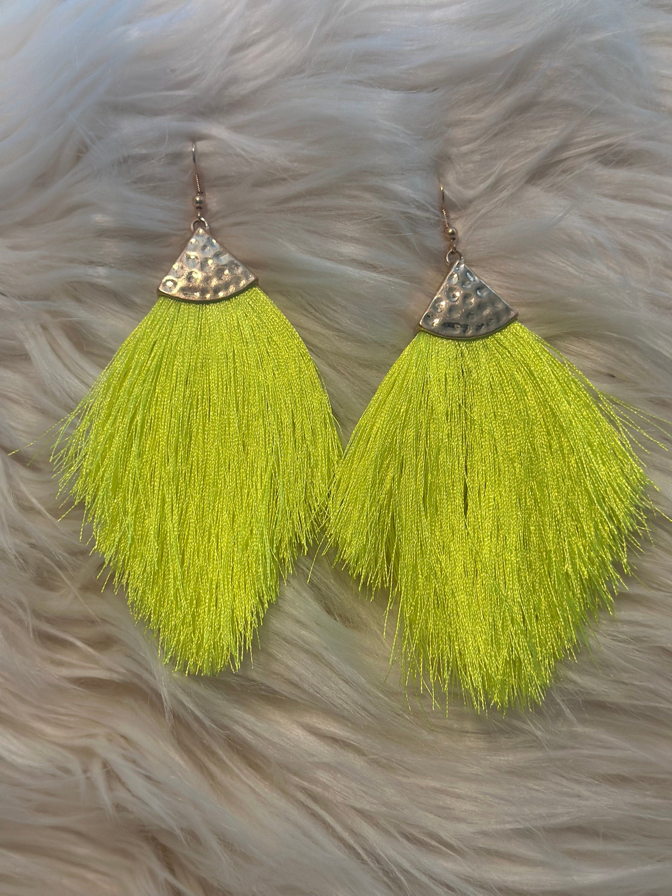 Lime Green Tassel Drop Earrings