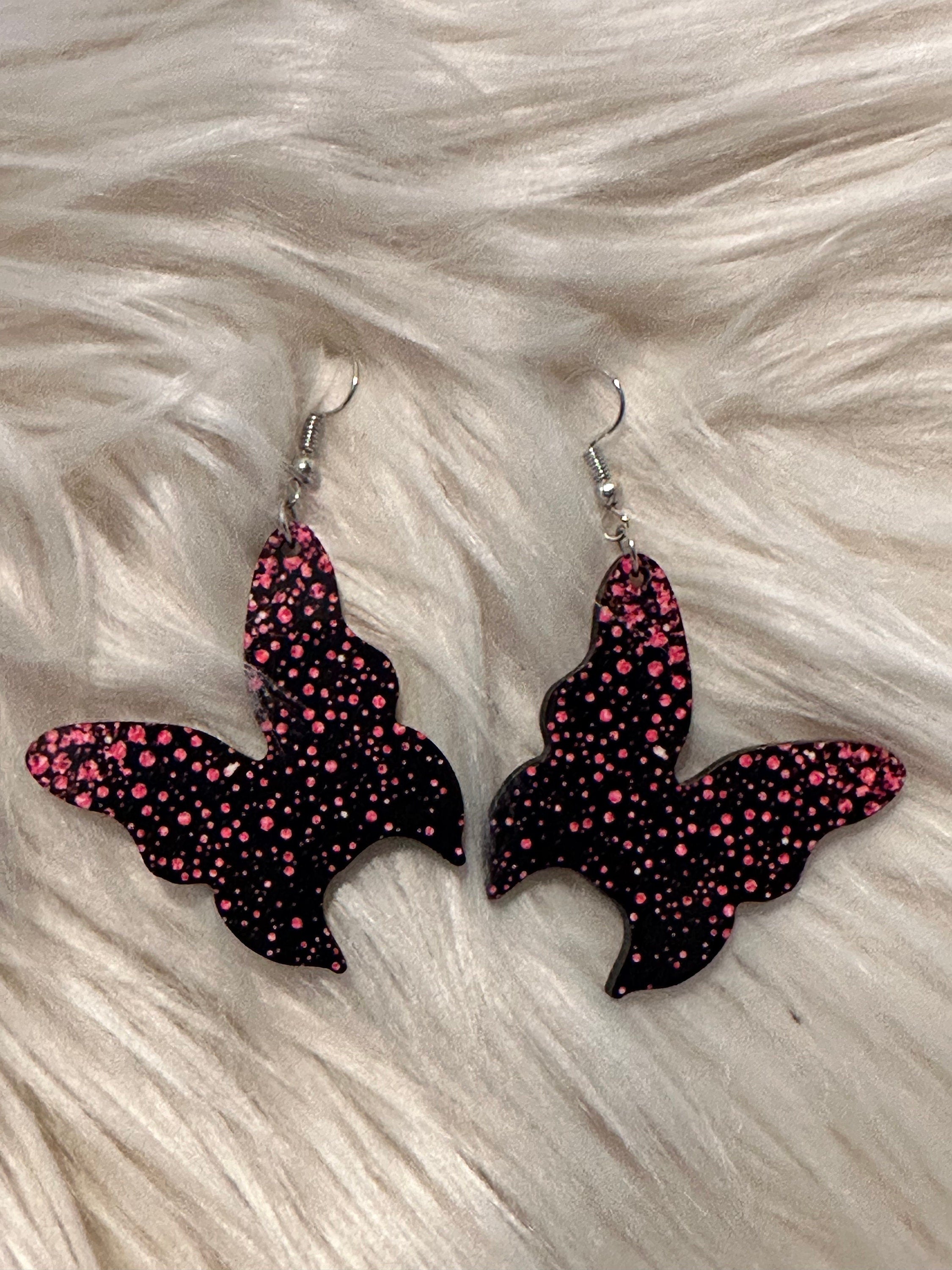 Pink , Black and  Silver Diamond  Butterfly Shaped Earrings