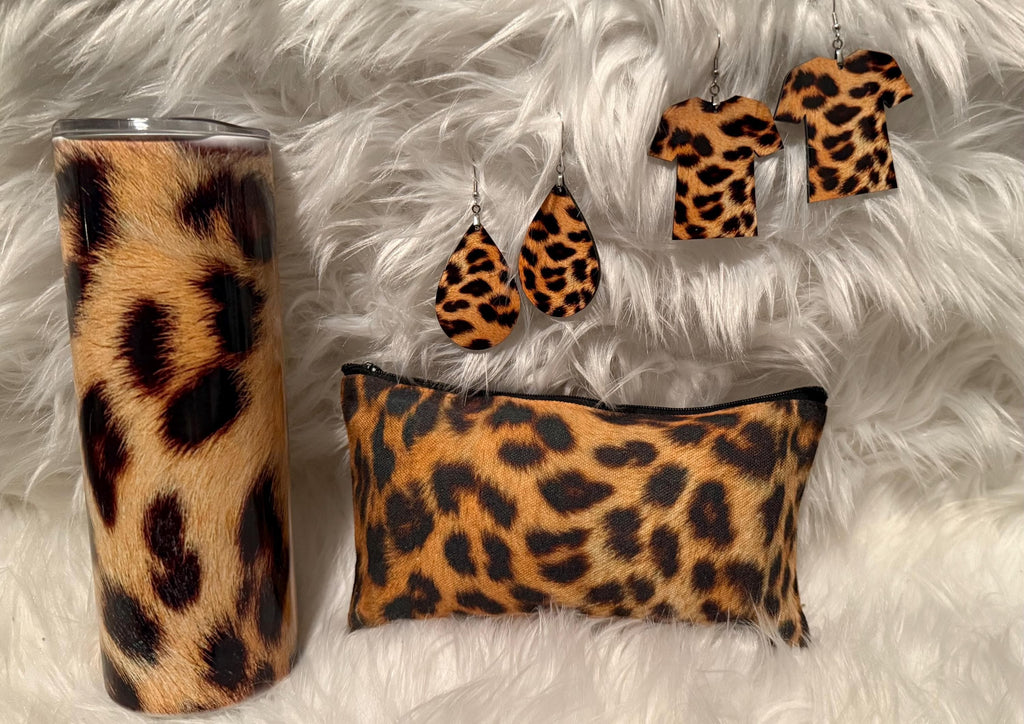 Cheetah Print  Tumbler , Earrings and Makeup Pouch. 4pc Set